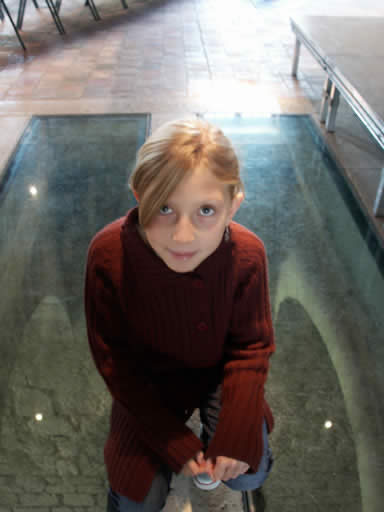 Gaby fearlessly standing on the plexiglass floor at Abbaye de Royaumont